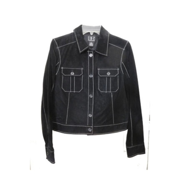 black jean jacket with white stitching